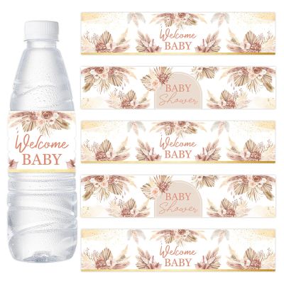 24PCS Pampas Grass Baby Shower Water Bottle Labels, Boho Baby Shower Waterproof Self Adhesive Water Bottle Labels for Boho Pampas Decorations