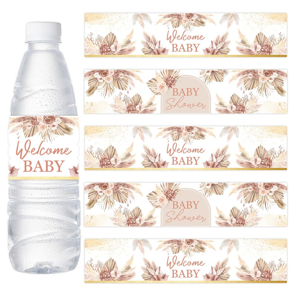 24PCS Pampas Grass Baby Shower Water Bottle Labels, Boho Baby Shower Waterproof Self Adhesive Water Bottle Labels for Boho Pampas Decorations