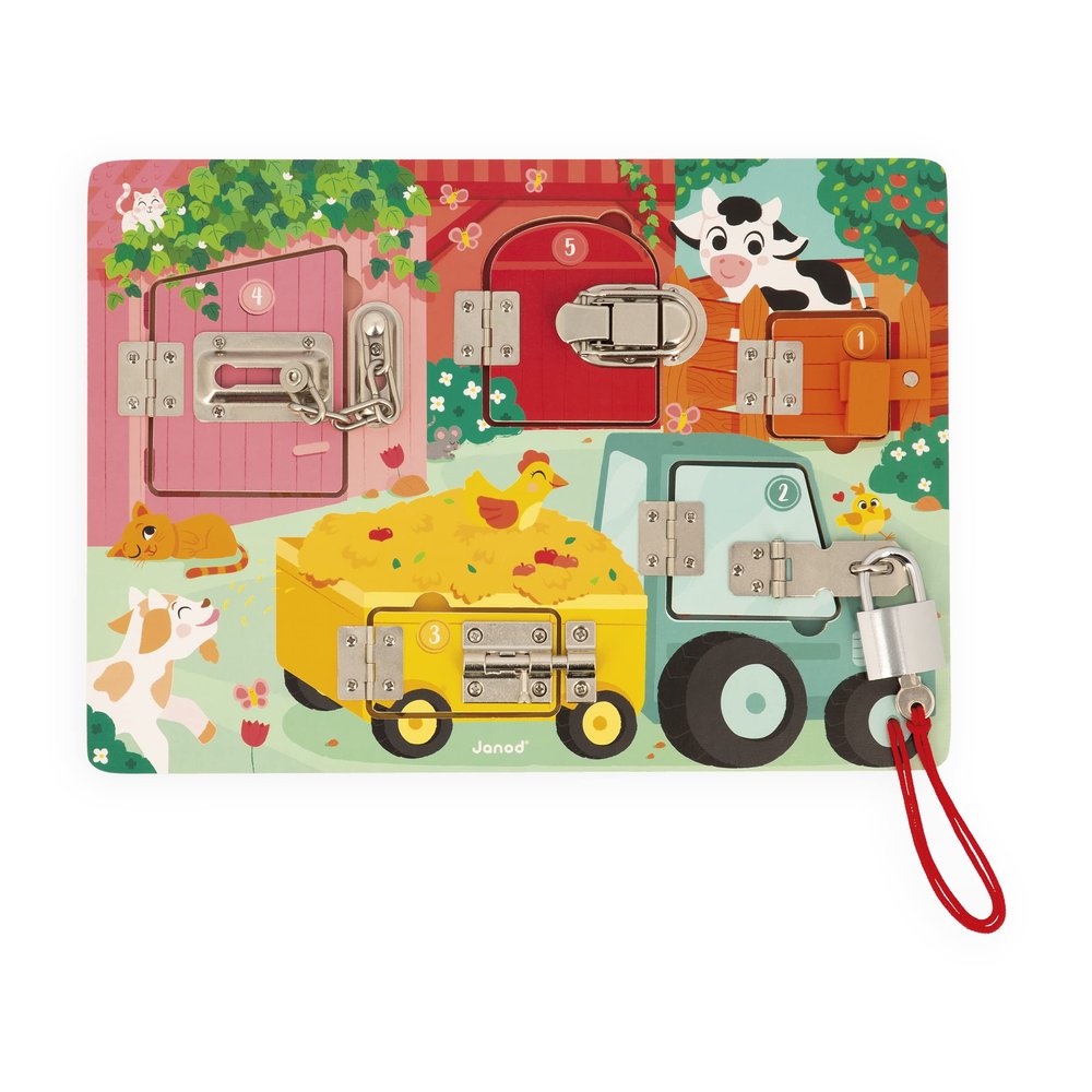 Janod Farm Padlocks Board - Latching and Locking Puzzle - Ages 3-6 - J07119