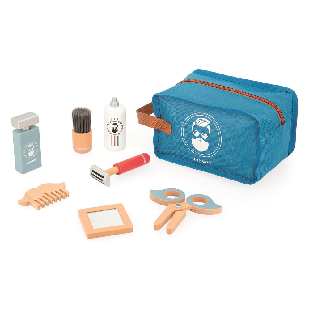 Janod Childrens Barber Case-7 Wood Accessories + Bag-Pretend Play Imagination-Enhancing-Wooden Toy-3 Years +, J06552, Blue