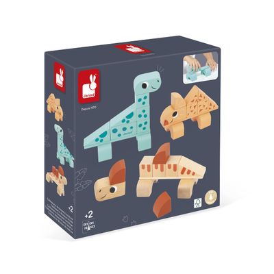Janod Dino - 31 Piece Wood Dinosaur Stacking Blocks - Assemble 3 Cute Dinos - Ages 2-5 Years - J05833