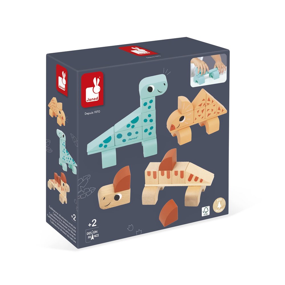 Janod Dino - 31 Piece Wood Dinosaur Stacking Blocks - Assemble 3 Cute Dinos - Ages 2-5 Years - J05833