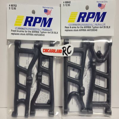 RPM 80762 Front 80842 Rear Black A-Arms Includes CHICAGOLAND RC Sticker Arrma 3s BLX Typhon Buggy Replaces AR330543 AR330540