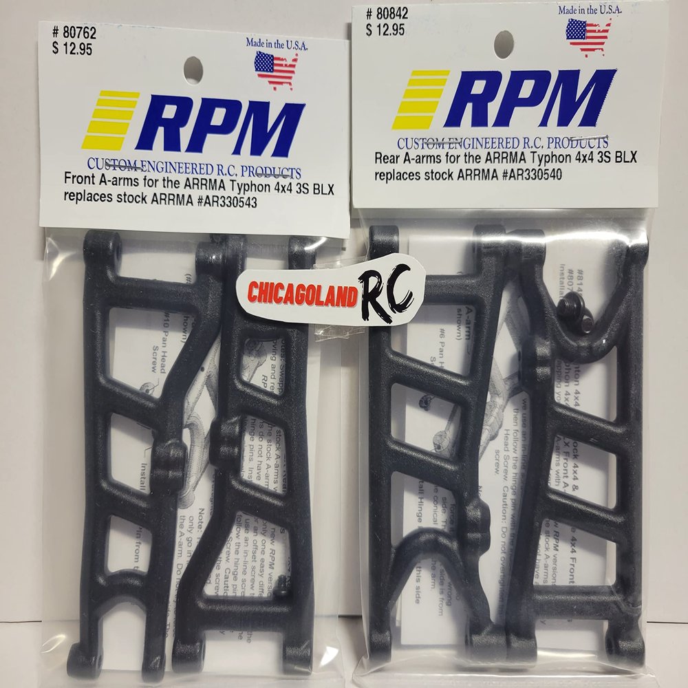 RPM 80762 Front 80842 Rear Black A-Arms Includes CHICAGOLAND RC Sticker Arrma 3s BLX Typhon Buggy Replaces AR330543 AR330540