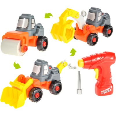 PowerTRC 3-in-1 Take Apart Educational Toy Construction Truck with Power Tool | Change to Bulldozer, Excavator, Roller Learning Playset for Kids