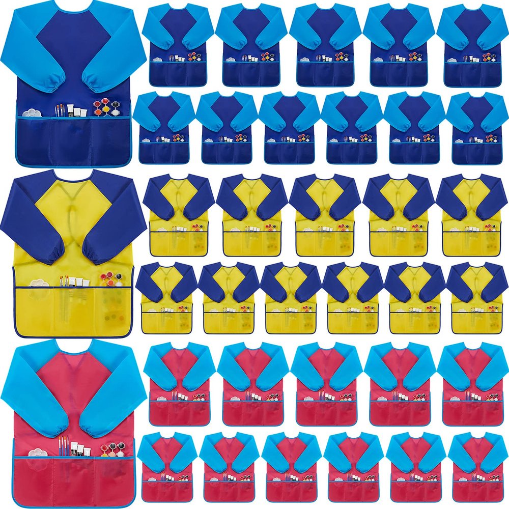 Yahenda 36 Pcs Kids Art Smocks Toddlers Painting Apron Waterproof Artist Smock for Children with Long Sleeve 3 Pockets for 2-8 Years (Rose Red,Yellow,and Dark Blue)
