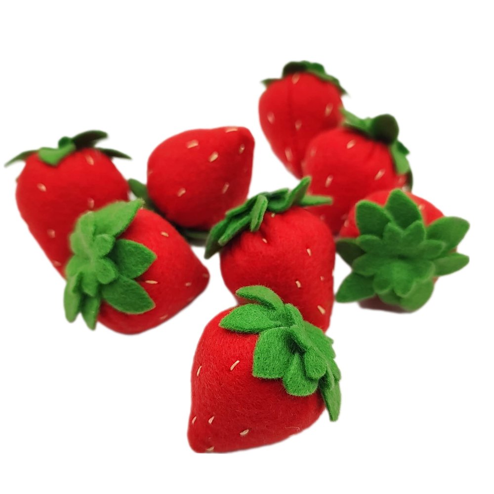 MiniWorldFood Strawberry Felt Play Food, Plush Berries, Decor for Valentine Day, Realistic Toys, Fake Food for Kids Kitchen (8 Strawberries)