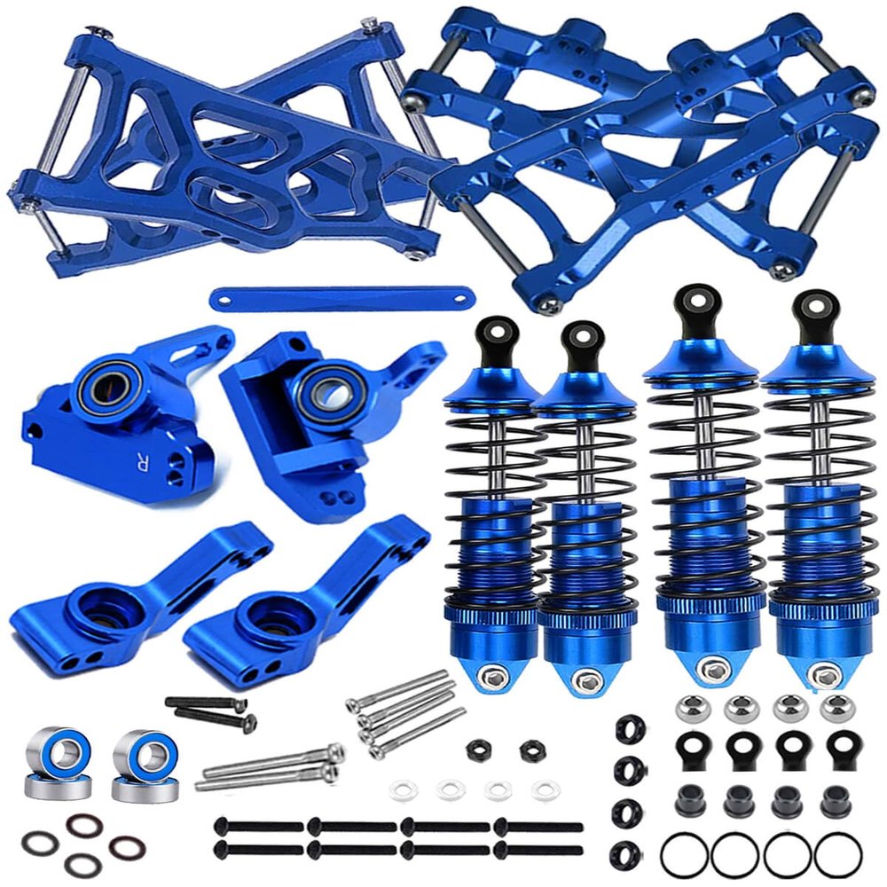 hopsupRC Front Rear Assembled Full Metal Shocks Upgrades Part for 1/10 Rustler/Stampede VXL 2WD,Alloy Suspension A Arm,Aluminum Caster Block & Steering Blocks & Rear Stub Axle Carriers,Blue