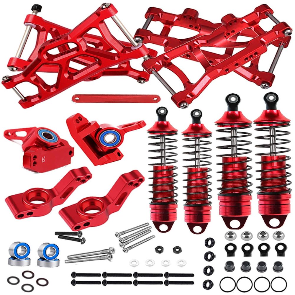 hopsupRC Front Rear Assembled Full Metal Shocks Upgrades Part for 1/10 Rustler/Stampede VXL 2WD,Alloy Suspension A Arm,Aluminum Caster Block & Steering Blocks & Rear Stub Axle Carriers,Red