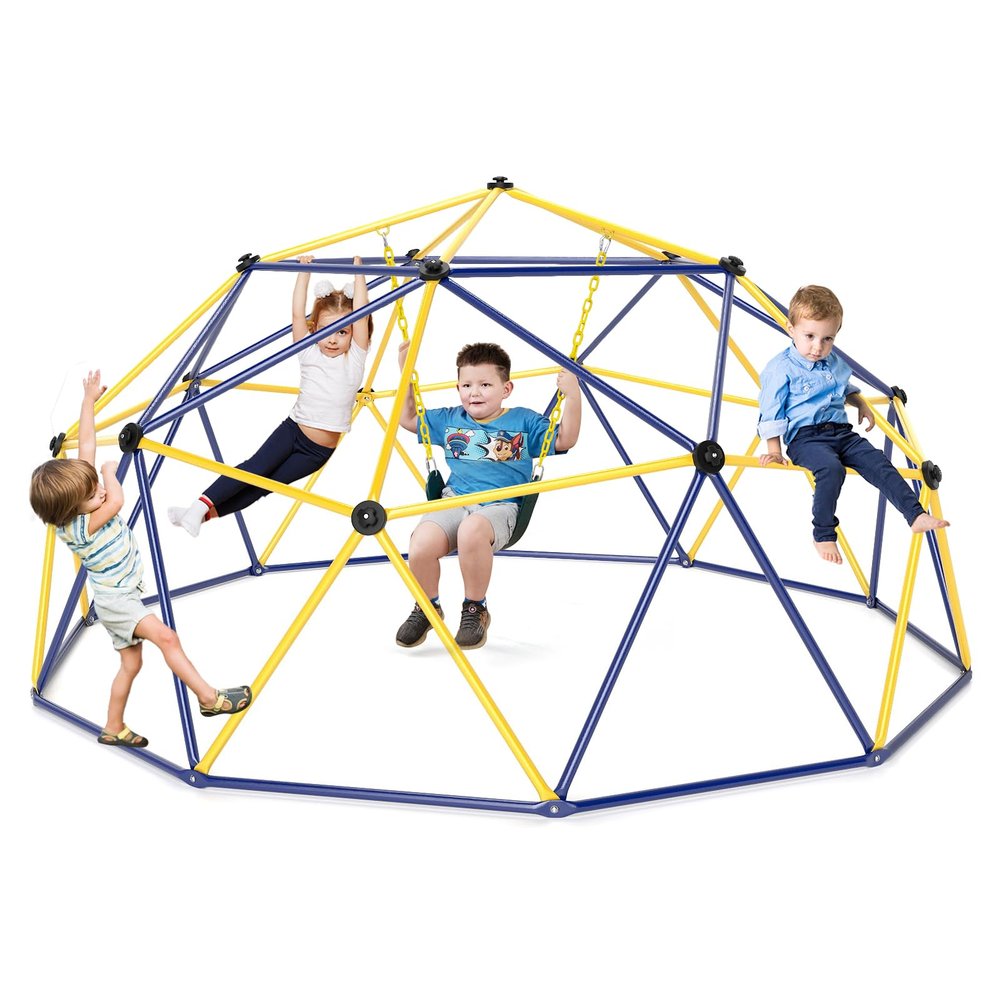 Costzon Kids Climbing Dome with Swing, 10FT Kids Jungle Gym Monkey Bar Climbing Toys for Outdoor, Holds up to 800 lbs, Indoor Geometric Dome Climber Playground Set for Boys Girls 3-8 Backyard Gifts