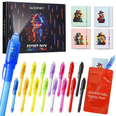 DazSpirit 16 Pack Invisible Ink Pens with UV Light, Detective Notepads & Gift Bags, Classroom Prizes, Treasure Box Fillers, Goodie Bag Stuffers, Spy Party Favors for Kids 8-12, Prize Box Toys