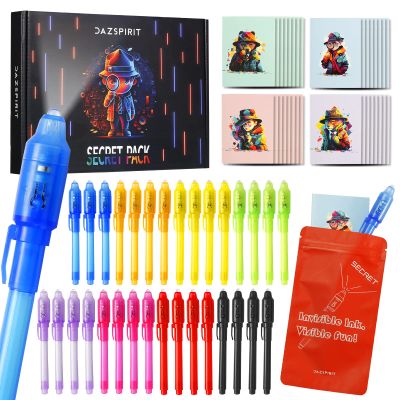DazSpirit 32 Pack Invisible Ink Pens with UV Light, Detective Valentine Cards & Gift Bags, Non Candy Valentines Day Classroom Exchange Gifts, Spy Party Favors for Kids, Treasure Box Prizes