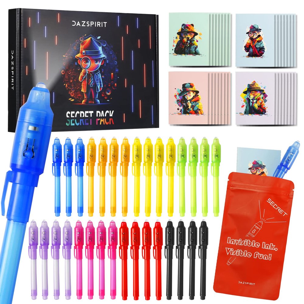 DazSpirit 32 Pack Invisible Ink Pens with UV Light, Detective Valentine Cards & Gift Bags, Non Candy Valentines Day Classroom Exchange Gifts, Spy Party Favors for Kids, Treasure Box Prizes