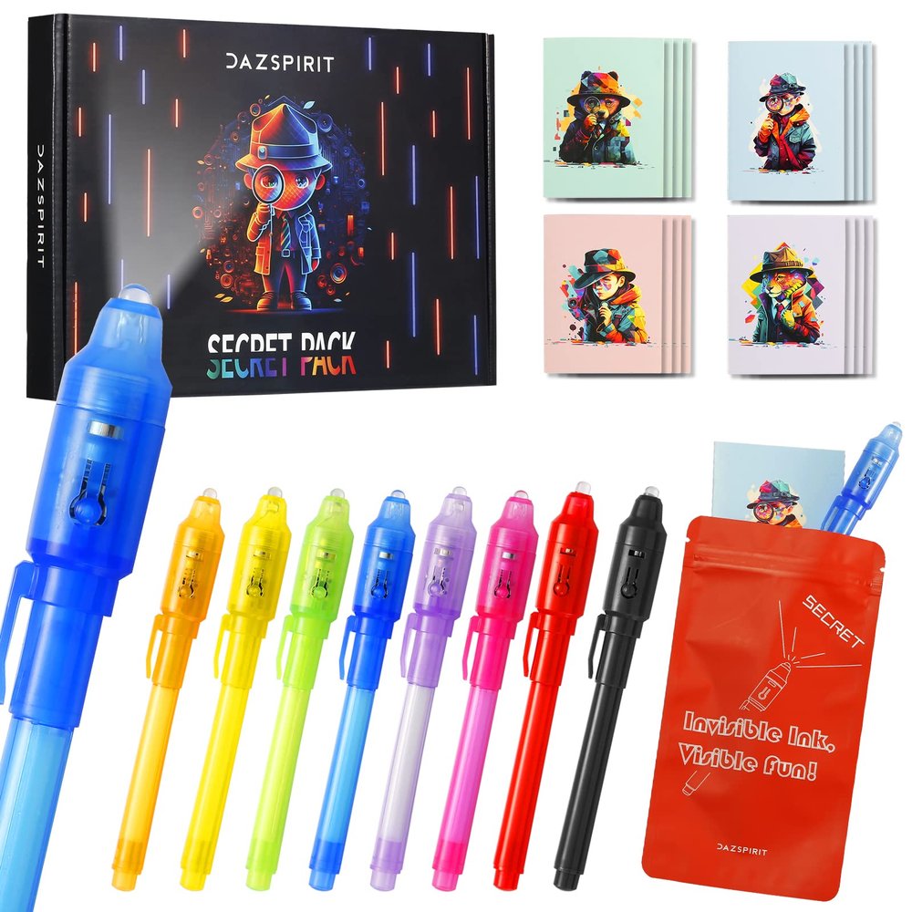 DazSpirit 8 Pack Invisible Ink Pens with UV Light, Detective Valentine Cards & Gift Bags, Non Candy Valentines Day Classroom Exchange Gifts, Spy Party Favors for Kids, Treasure Box Prizes