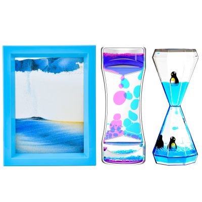 FKYTION Liquid Motion Bubbler & Diamond Shaped Penguin Liquid Timer and Moving Sand Art Picture Pack of 3 Activity Calm Relaxing Desk Toys Voted Best Gift!