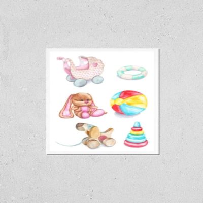Wall Art Poster Print of Watercolor Hand-Drawn Children's Toys - a Stroller, a Rattle, a Plush Bunny, a Ball, a Dog, a Pyramid. Baby Toys for Girls Isolated on White Background.