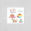 Wall Art Poster Print of Watercolor Hand-Drawn Children's Toys - a Stroller, a Rattle, a Plush Bunny, a Ball, a Dog, a Pyramid. Baby Toys for Girls Isolated on White Background. view 1