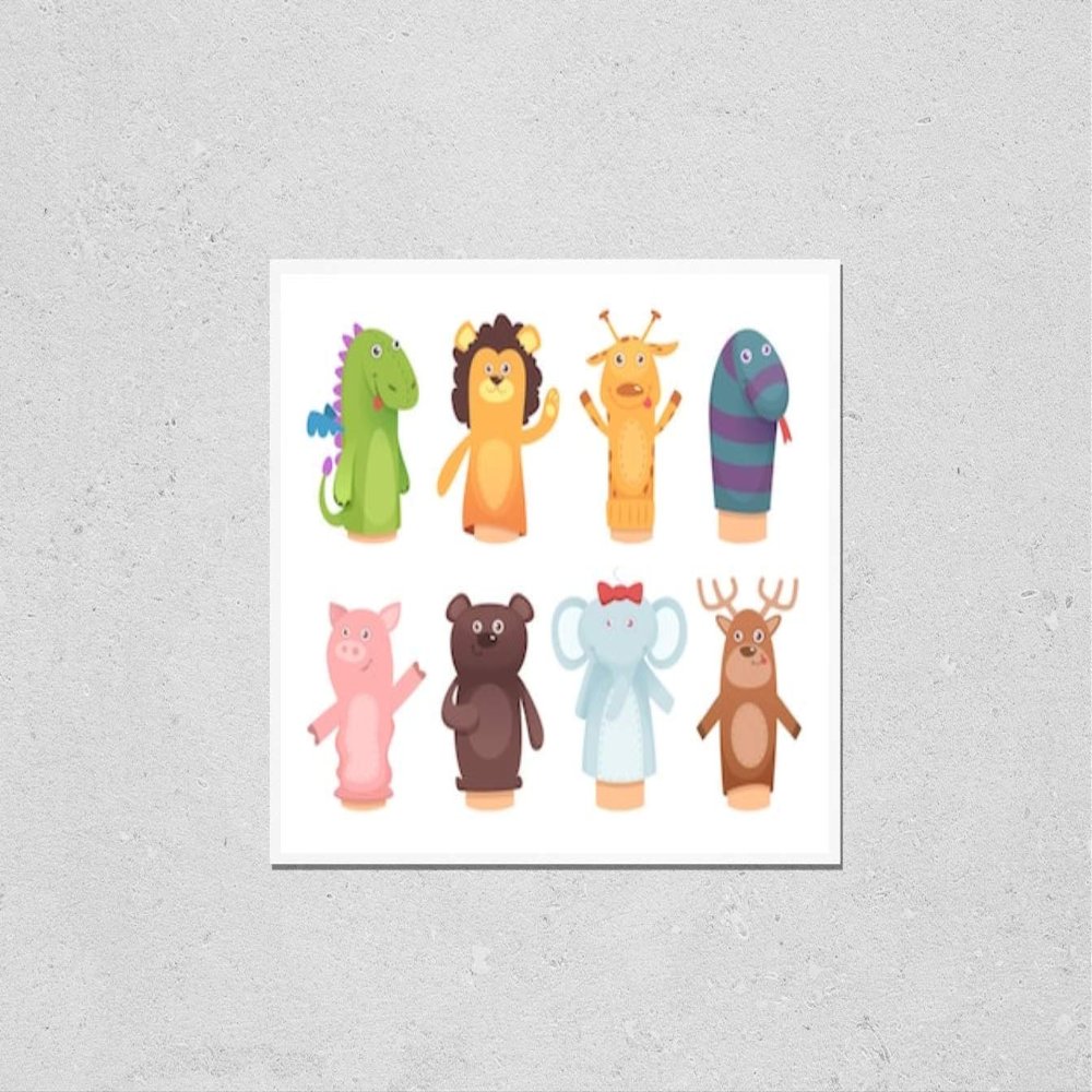 Wall Art Poster Print of Hands Puppets. Toys from Socks for Kids Funny Children Games Characters Isolated