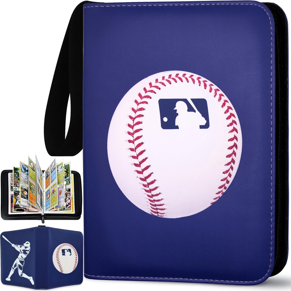 Baseball Card Binder 440 Pockets, 55 Sleeves Baseball Card Book 3 Ring, Zipper Trading Card Holder 4 Pocket, Small Collector Album Folder Case Protector, Blue Sports Collection Storage Organizer Gift