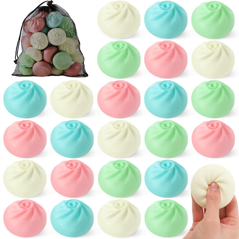 24 Pcs Dumpling Stress Balls Bulk 2.4 Inch Dumpling Fidget Toy Dough Stress Relief Bun Squeeze Toy with Storage Bag for Birthday Party Favors School Carnival Reward Gift