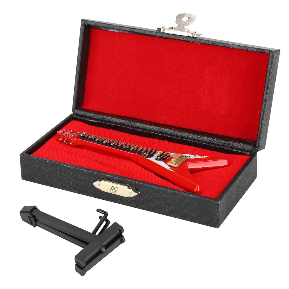 Restokki 10cm / 3.9in Wooden Miniature Guitar with Case Mini Musical Instrument Miniature Dollhouse Furniture Classical Dolls Accessory