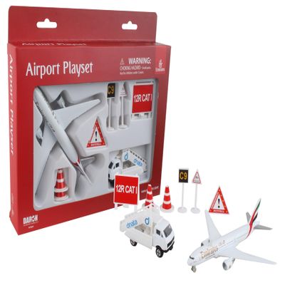 Daron Emirates Small Airport Playset Officially Licensed Die-Cast Metal Airplane with Plastic Vehicles & Signs Highly Detailed Pretend Play Toy for Kids Ages 3+
