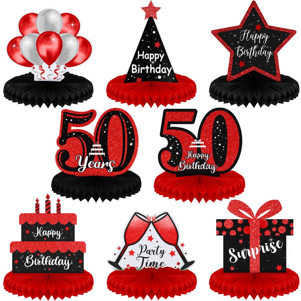 8 Pcs 50th Red and Black Table Honeycomb Centerpieces 50th Birthday Decorations Red Black Happy 50th Birthday Decorations Centerpieces for Tables Toppers 50 Years Party Supplies