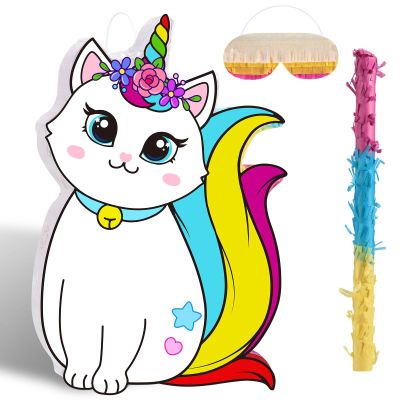 Aoriher Unicorn Cat Piata with Blindfold and Bat, Caticorn Unicorn Cat Piata Birthday Party Supplies for Party Favor Birthday Decorations, 16 x 11 Inch