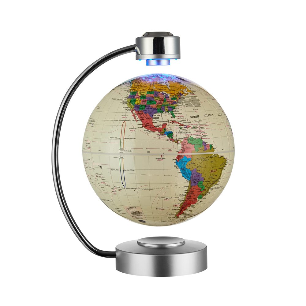 Magnetic Levitation Floating Globe, 8'' Magnetic Levitating Globe LED Illuminated World Map with Auto Permanent Revolving System for Home Office Modern Decorative Ornament Gift (Beige)