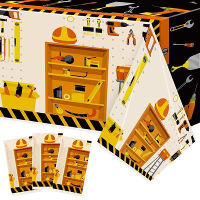 BkeeCten 3 Packs Tool Theme Plastic Tablecloths Decoration Waterproof Rectangle Cute Tool TableCover Design with Hard Hat, Nuts, Bolts, Ladders, Spade Patterns for Kids Boys Birthday Party Supplies