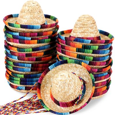 Zhanmai 25 Pack Mini Sombrero Mexican Hat Cinco De Mayo Straw Hat Party Decorations with Cord for Kid Pet Fiesta Costume (9 Inch)