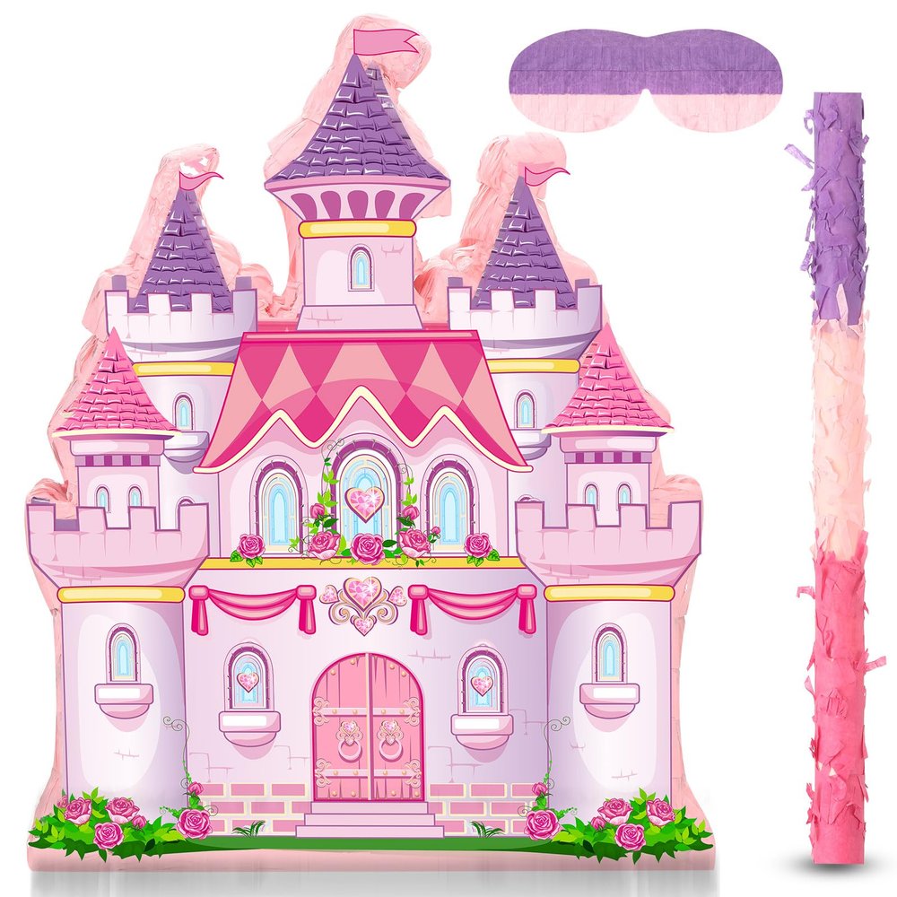 Princess Castle Piata Bundle Girl Princess Party Piata Set Include Pink Castle Piata stick and Blindfold Mask for Princess Theme Birthday Party Supplies Decor, 16.1 x 13.4 x 3.2 Inch