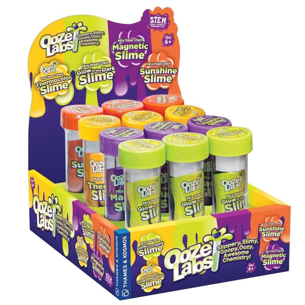 Thames & Kosmos Ooze Labs: Mix Your Own Slime 12-Piece Gift Set | Assorted Ooze Labs Slime - Glow-in-the-Dark, Magnetic, Thermocolor & Sunshine | Party Favors, Stocking Stuffers, Easter Basket Goodies