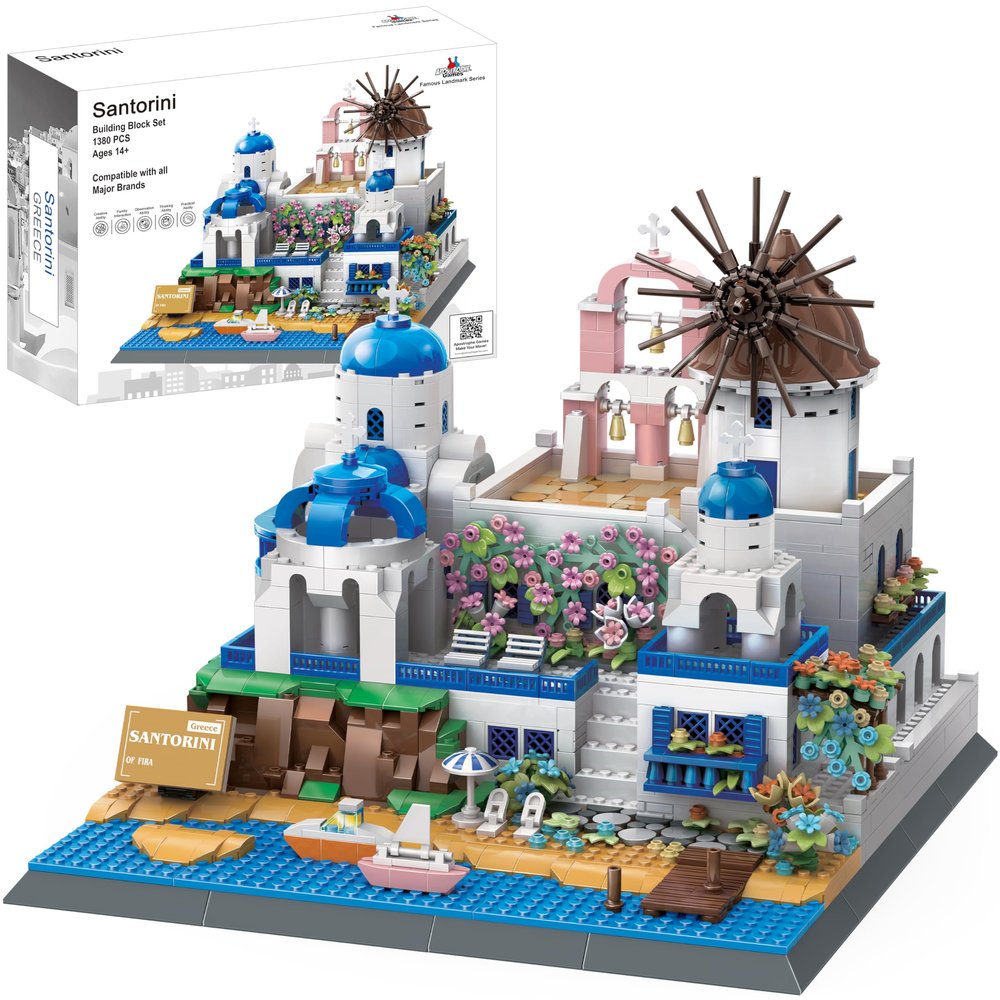 Apostrophe Games Santorini Building Block Set - 1380 Pieces - Model Building Blocks for Adults and Kids - Greece's Island Architecture Kit Famous Landmark Series