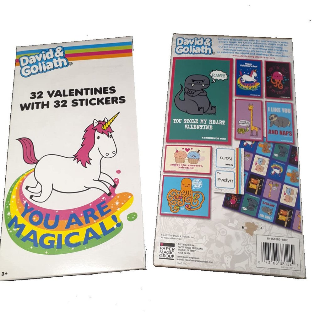 32 Unicorn, Dinosaur, Sloth & More Cartoon Valentines Classroom Sharing Cards & Stickers