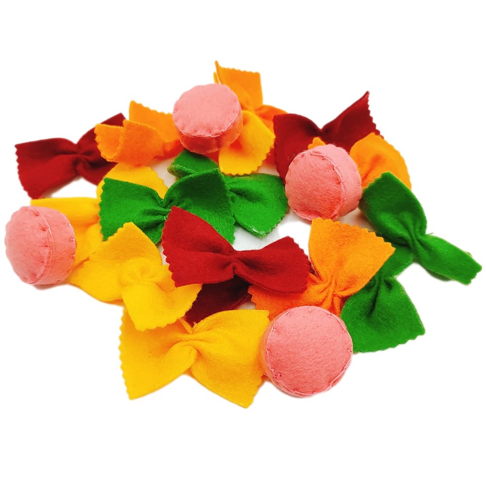 Felt play food Pasta farfalle with sausage for pretend play in kids kitchen, plush fake realistic bow tie (multi color farfalle, Small set (16 farfalle, 4 sausages))
