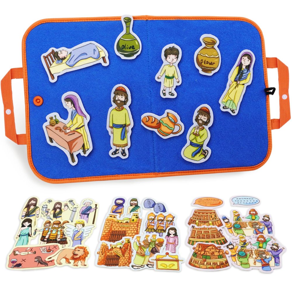 CHEFAN 4 Pack Felt Board Bible Stories Set, Flannel Board Stories Elijah and The Widow|Samson and Delilah|Joshua and The Battle of Jericho|Tower of Babel, Precut Flannel Graph Bible Toys for Kids