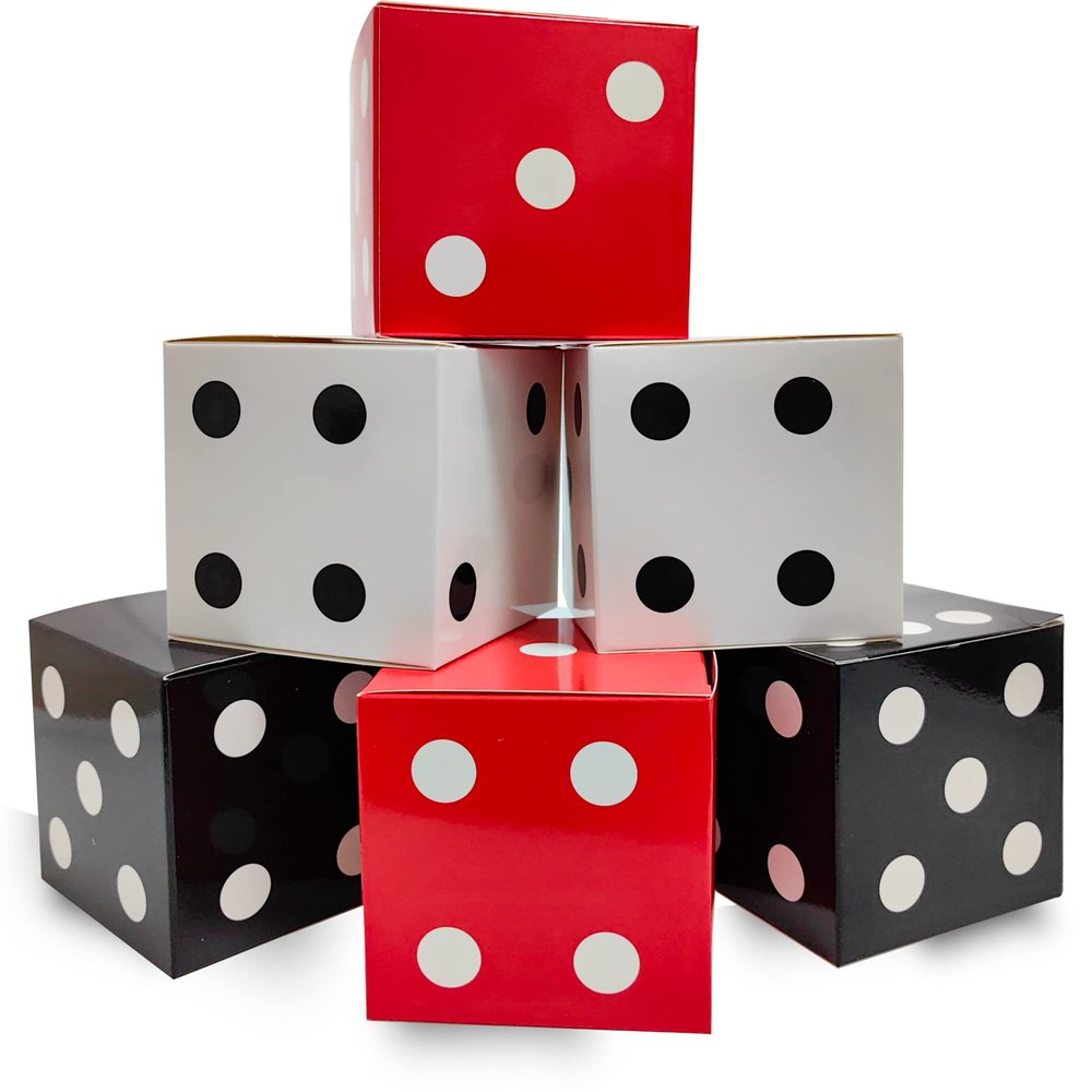 12 Pcs Dice Favor Boxes 6 x 6 x 6 Inch dice Boxes Bulk for centerpieces Casino Party Decorations Game Night Decorations Casino Themed Party Goodie Boxes Gift Box (Black, White, Red)