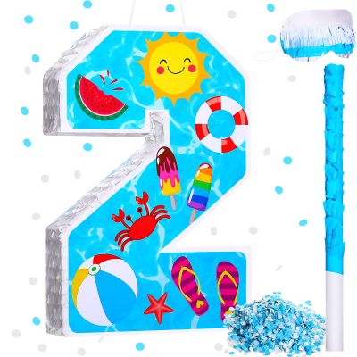 Jexine 3 Pcs 16 Inch Summer Number 2 Pinata Small Summer Beach Piata Number Two Piata with Blindfold Bat, Confetti for Boy Beach Ball Theme 2nd Birthday Party Celebration Party Supply (Summer Beach)