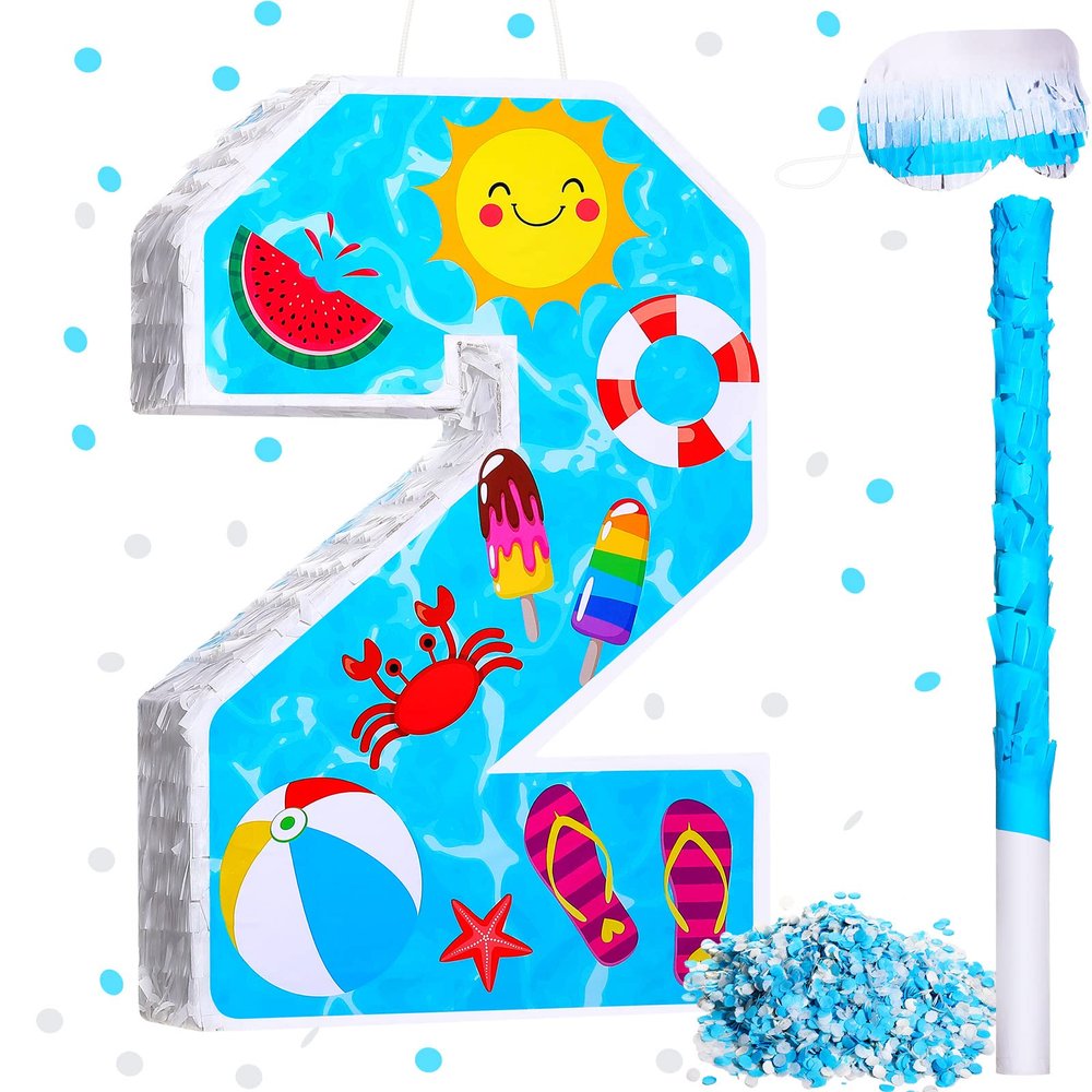 Jexine 3 Pcs 16 Inch Summer Number 2 Pinata Small Summer Beach Piata Number Two Piata with Blindfold Bat, Confetti for Boy Beach Ball Theme 2nd Birthday Party Celebration Party Supply (Summer Beach)