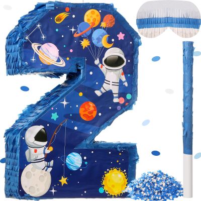 Jexine 3 Pcs 16'' Outer Space Number 2 Piata Plastic Solar System Number Two Piata with Blindfold Bat, Confetti for Boy Outer Space Theme 2nd Birthday Celebration Party Supplies