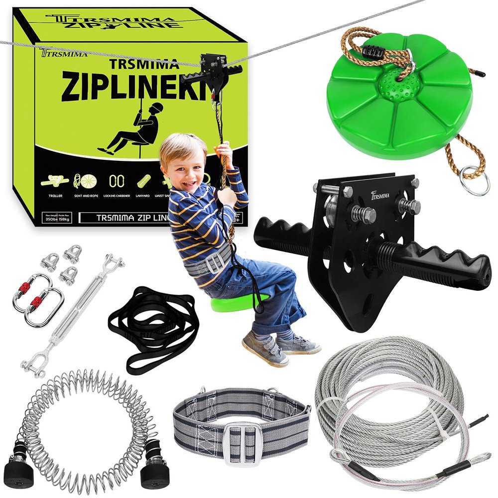 150/180/200 Feet Zip Line Kit for Kids and Adult Up to 330 lb with Zipline Spring Brake and Safety Harness, Zip line Trolley with Handle and Thickened Seat,for Backyard Playground Entertainment