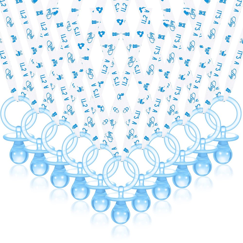 Junkin 60 Pieces Baby Shower Pacifiers Necklace Acrylic Pacifiers Necklace Charm for Girls Boys Baby Shower Party Favors Decorations, Boy Style(Blue, White)