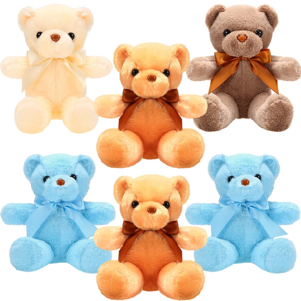 Aoriher 6 Pcs Valentines Bears Stuffed Animal Bulk Adorable and Cuddly Soft Cute Valentines Plush Gifts for Kids Girlfriend Baby Shower Graduation Birthday Wedding Party Favors(Beige, Brown, Blue)