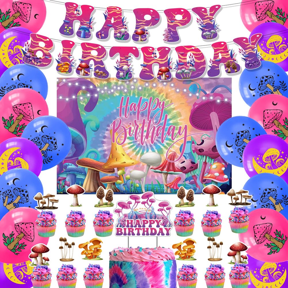 Mushroom Happy Birthday Party Decorations - Includes Backdrop, Banner, Cake Topper, Cupcake Toppers, Balloons