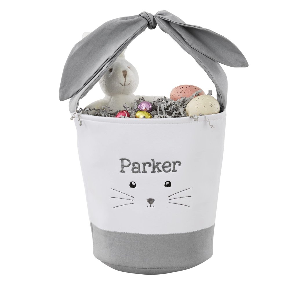 Personalization Universe Personalized Lovable Grey Bunny Easter Basket  Custom Kids & Baby Easter Egg Basket  Children's Plush Easter Basket