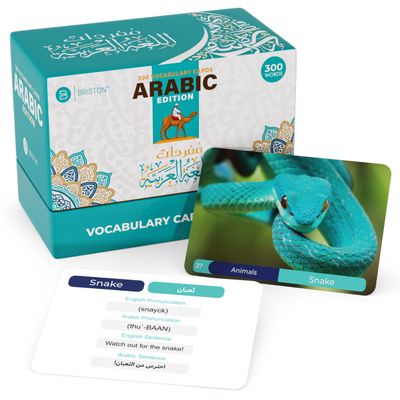 Arabic Vocabulary Flash Cards for Beginners 300 Illustrated Words with English Translation, Pronunciation & Sentences Audio, Laminated 350 GSM Study Cards for Kids, Students, Adults Briston