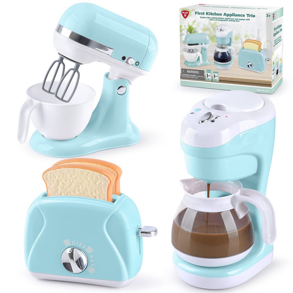 Kitchen Appliances Toys, Kids Play Kitchen Accessories Set, Pretend Kitchen Toys for Kids Ages 4-8, Coffee Maker, Mixer, Toaster with Realistic Lights & Sounds, Gift for Girls Ages 3+