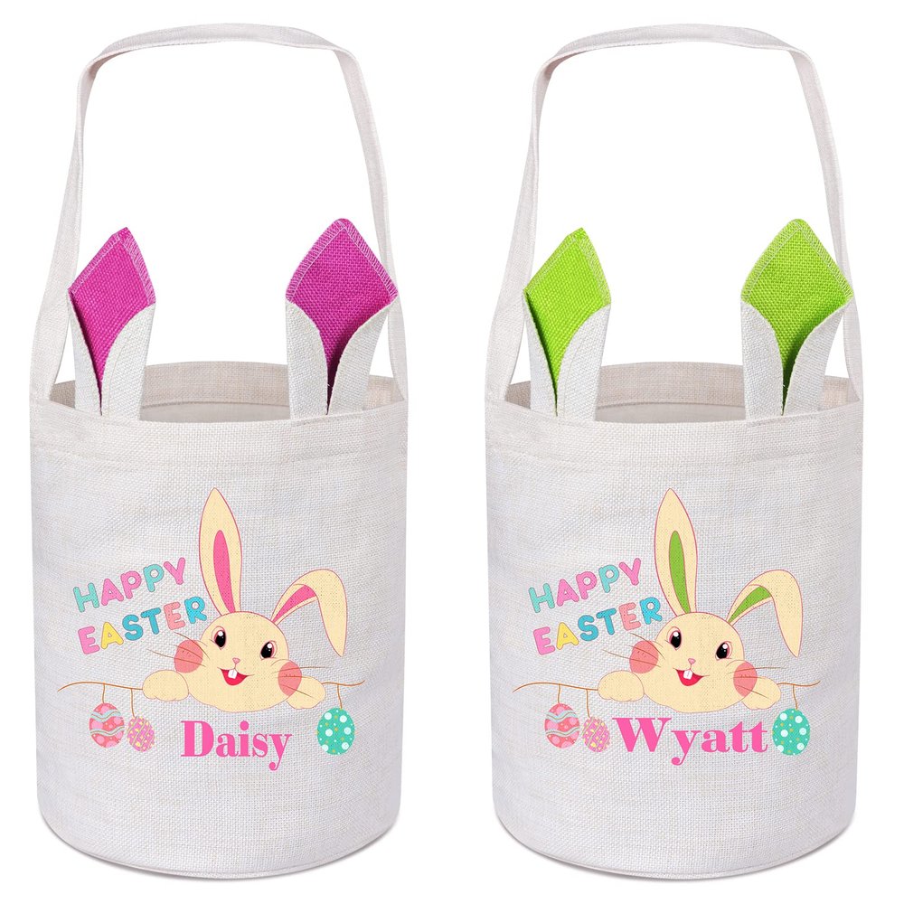 Personalized 2 Pcs Easter Basket, VAPCUFF Green and Pink Easter Baskets for Girls Easter Basket Bags Personalized Easter Eggs Basket Easter Bunny Basket Gifts Easter Hunt Basket Easter Gifts for Kids