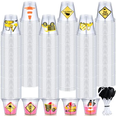 WILLBOND 120 Pcs Construction Party Cups Construction Party Favors Disposable Dump Truck Cup Clear Plastic Cups with Shovel Shape Dessert Spoon for Construction Themed Birthday Party (9oz)
